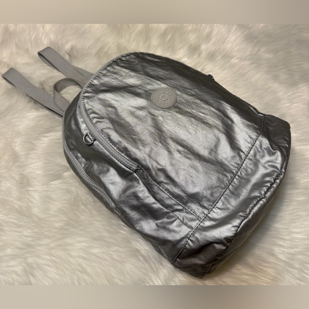 Kipling Shimmering Silver Tote with Logo Medallion